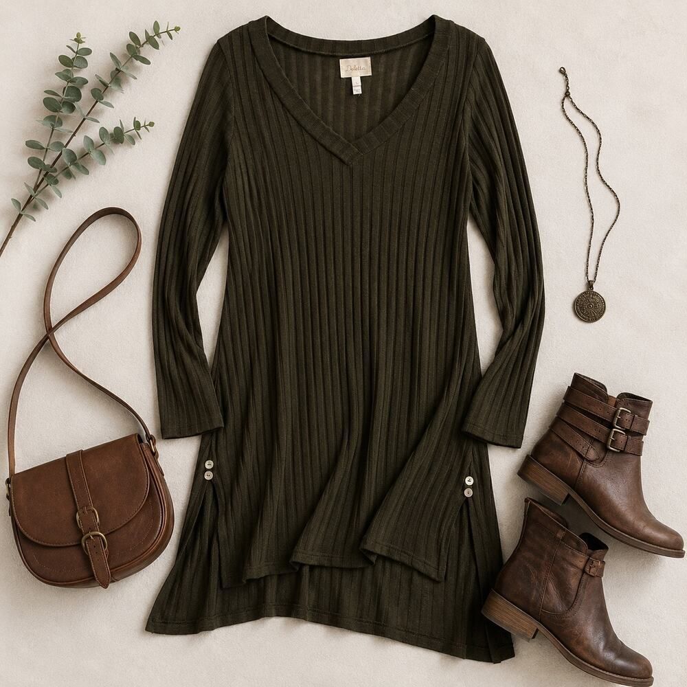 Anthropologie Deletta Ribbed V-Neck Tunic Top Boho Minimalist Long Sleeve Large